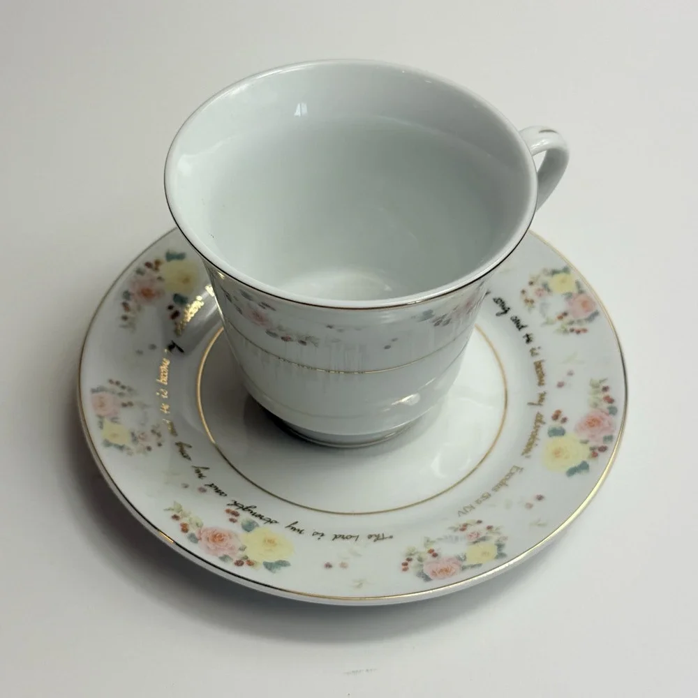 Vintage DaySpring Scripture Teacup Saucer Set Exodus KJV Christian Floral Gold